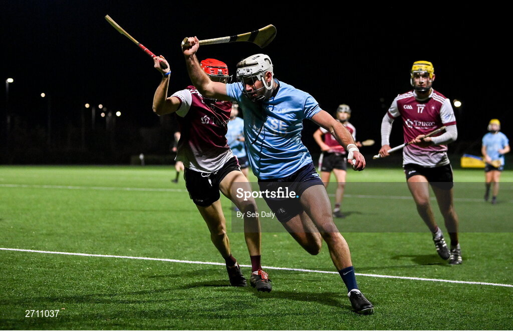 18 January 2024; Chris Nolan of SETU Carlow in action against Mark Hardiman of University of Galway during the Electric Ireland Higher Education GAA Fitzgibbon Cup Round 1 match between SETU Carlow and University of Galway at SETU Carlow Sport Complex in Carlow. Photo by Seb Daly/Sportsfile