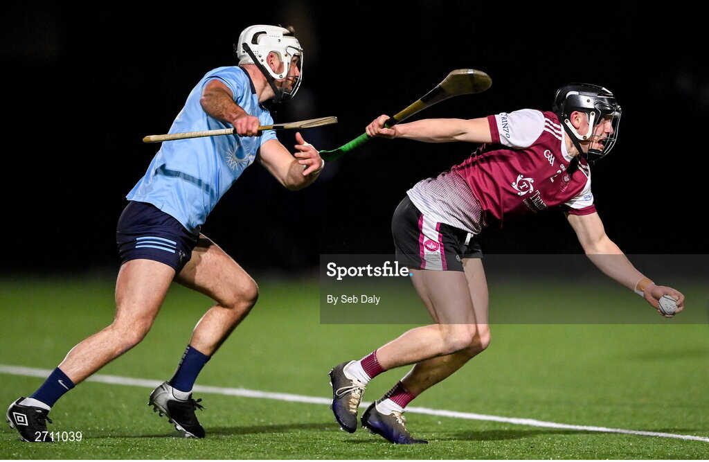 18 January 2024; Ian McGlynn of University of Galway in action against Paddy Boland of SETU Carlow during the Electric Ireland Higher Education GAA Fitzgibbon Cup Round 1 match between SETU Carlow and University of Galway at SETU Carlow Sport Complex in Carlow. Photo by Seb Daly/Sportsfile