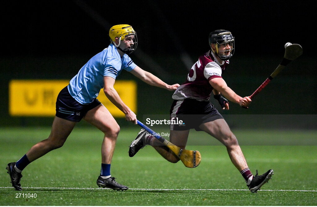 18 January 2024; Alex Connaire of University of Galway in action against Kevin Moynihan of SETU Carlow during the Electric Ireland Higher Education GAA Fitzgibbon Cup Round 1 match between SETU Carlow and University of Galway at SETU Carlow Sport Complex in Carlow. Photo by Seb Daly/Sportsfile