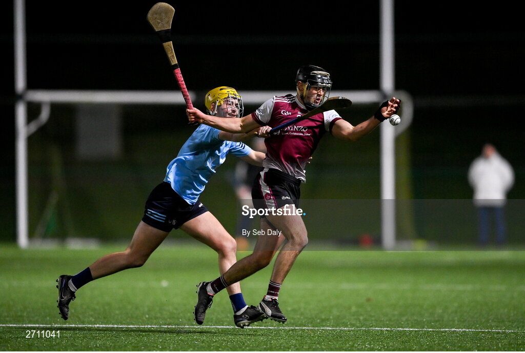18 January 2024; Alex Connaire of University of Galway in action against Kevin Moynihan of SETU Carlow during the Electric Ireland Higher Education GAA Fitzgibbon Cup Round 1 match between SETU Carlow and University of Galway at SETU Carlow Sport Complex in Carlow. Photo by Seb Daly/Sportsfile