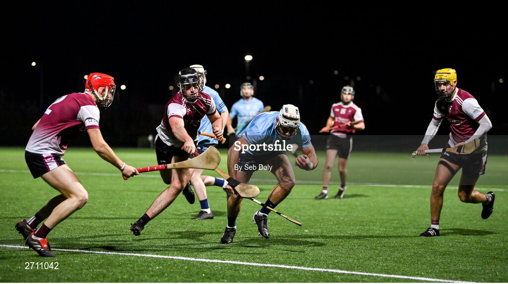 18 January 2024; Chris Nolan of SETU Carlow in action against Patrick Burke of University of Galway, centre, during the Electric Ireland Higher Education GAA Fitzgibbon Cup Round 1 match between SETU Carlow and University of Galway at SETU Carlow Sport Complex in Carlow. Photo by Seb Daly/Sportsfile