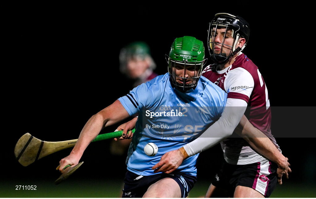 18 January 2024; Joe Fogarty of SETU Carlow in action against Eoin Lawless of University of Galway during the Electric Ireland Higher Education GAA Fitzgibbon Cup Round 1 match between SETU Carlow and University of Galway at SETU Carlow Sport Complex in Carlow. Photo by Seb Daly/Sportsfile