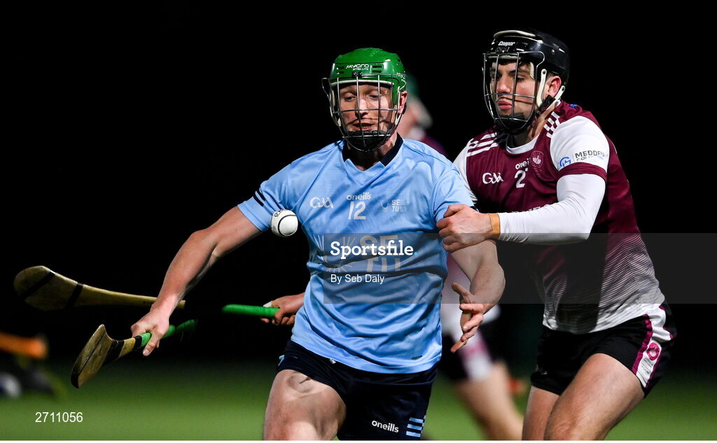 18 January 2024; Joe Fogarty of SETU Carlow in action against Eoin Lawless of University of Galway during the Electric Ireland Higher Education GAA Fitzgibbon Cup Round 1 match between SETU Carlow and University of Galway at SETU Carlow Sport Complex in Carlow. Photo by Seb Daly/Sportsfile