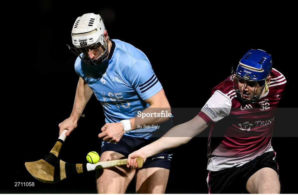 18 January 2024; Ryan Mullaney of SETU Carlow in action against Niall Collins of University of Galway during the Electric Ireland Higher Education GAA Fitzgibbon Cup Round 1 match between SETU Carlow and University of Galway at SETU Carlow Sport Complex in Carlow. Photo by Seb Daly/Sportsfile
