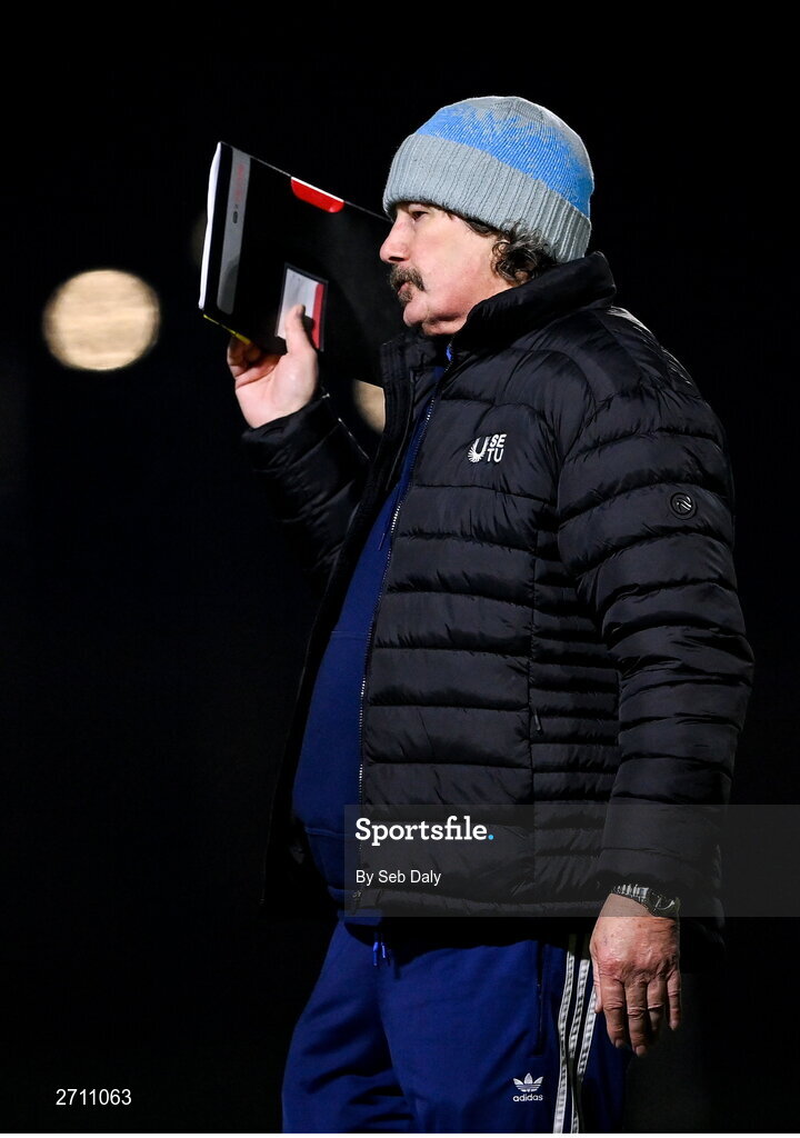 18 January 2024; SETU Carlow manager Seamus Plunkett after the Electric Ireland Higher Education GAA Fitzgibbon Cup Round 1 match between SETU Carlow and University of Galway at SETU Carlow Sport Complex in Carlow. Photo by Seb Daly/Sportsfile