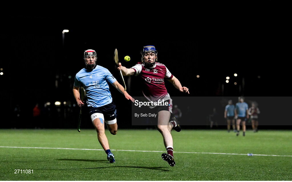 18 January 2024; Niall Collins of University of Galway in action against Calum Corcoran of SETU Carlow during the Electric Ireland Higher Education GAA Fitzgibbon Cup Round 1 match between SETU Carlow and University of Galway at SETU Carlow Sport Complex in Carlow. Photo by Seb Daly/Sportsfile