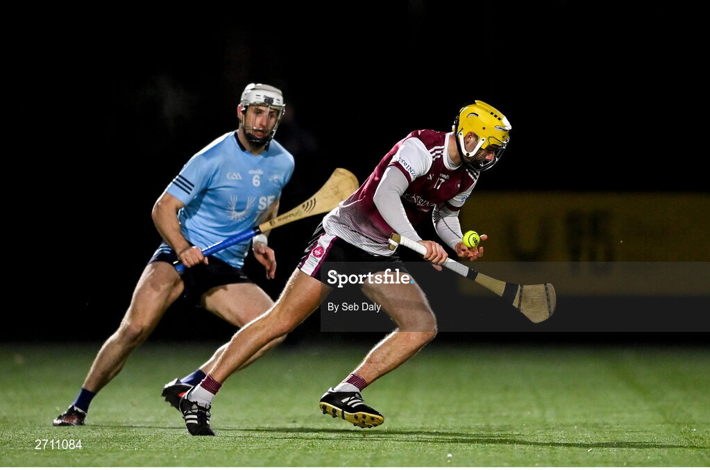 18 January 2024; Tiernan Killeen of University of Galway in action against Ryan Mullaney of SETU Carlow during the Electric Ireland Higher Education GAA Fitzgibbon Cup Round 1 match between SETU Carlow and University of Galway at SETU Carlow Sport Complex in Carlow. Photo by Seb Daly/Sportsfile