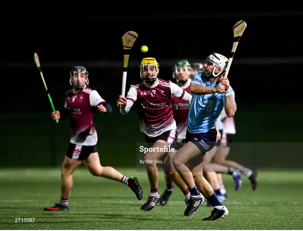 18 January 2024; Chris Nolan of SETU Carlow in action against Tiernan Killeen of University of Galway during the Electric Ireland Higher Education GAA Fitzgibbon Cup Round 1 match between SETU Carlow and University of Galway at SETU Carlow Sport Complex in Carlow. Photo by Seb Daly/Sportsfile