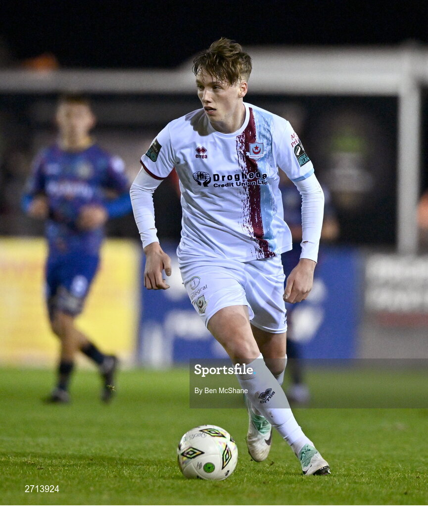 22 January 2024; Oisin Gallagher of Drogheda United during the PTSB Leinster Senior Cup Group A match between Drogheda United and Bohemians at Weaver's Park in Drogheda, Louth. Photo by Ben McShane/Sportsfile