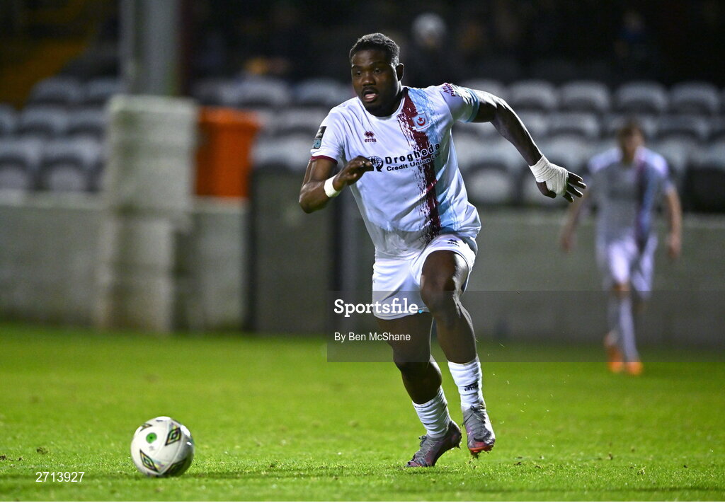 22 January 2024; Frantz Pierrot of Drogheda United during the PTSB Leinster Senior Cup Group A match between Drogheda United and Bohemians at Weaver's Park in Drogheda, Louth. Photo by Ben McShane/Sportsfile