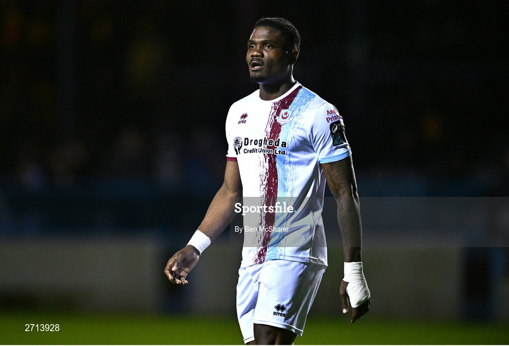 22 January 2024; Frantz Pierrot of Drogheda United during the PTSB Leinster Senior Cup Group A match between Drogheda United and Bohemians at Weaver's Park in Drogheda, Louth. Photo by Ben McShane/Sportsfile