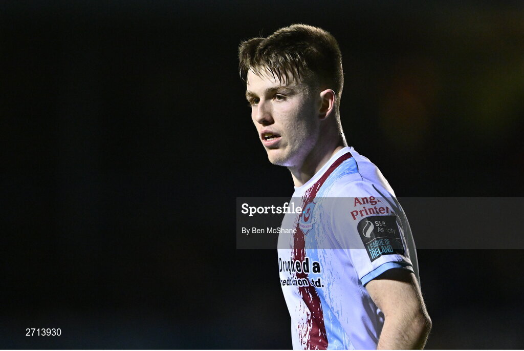 22 January 2024; Warren Davis of Drogheda United during the PTSB Leinster Senior Cup Group A match between Drogheda United and Bohemians at Weaver's Park in Drogheda, Louth. Photo by Ben McShane/Sportsfile