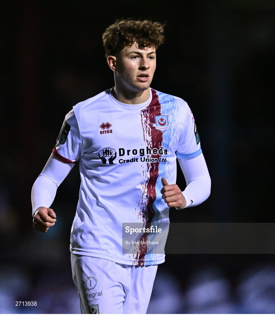22 January 2024; Killian Cailloce of Drogheda United during the PTSB Leinster Senior Cup Group A match between Drogheda United and Bohemians at Weaver's Park in Drogheda, Louth. Photo by Ben McShane/Sportsfile