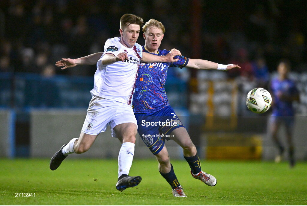 22 January 2024; Warren Davis of Drogheda United in action against Finn Cowper Gray of Bohemians during the PTSB Leinster Senior Cup Group A match between Drogheda United and Bohemians at Weaver's Park in Drogheda, Louth. Photo by Ben McShane/Sportsfile