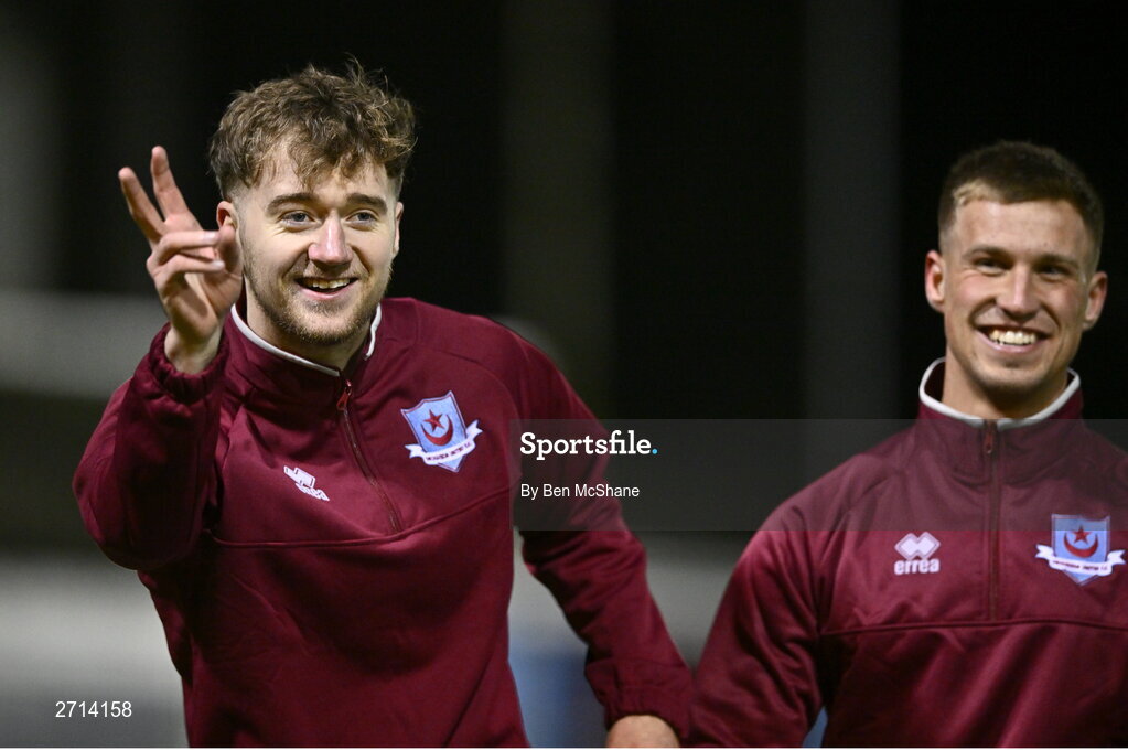 22 January 2024; Andrew Quinn, left, and Matthew O'Brien of Drogheda United share a joke before the PTSB Leinster Senior Cup Group A match between Drogheda United and Bohemians at Weaver's Park in Drogheda, Louth. Photo by Ben McShane/Sportsfile