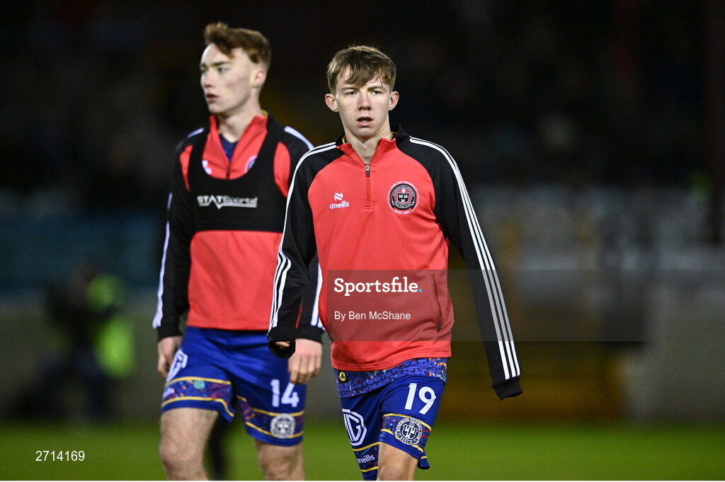 22 January 2024; Rhys Brennan Black, right, and Sean McCarthy of Bohemians before the PTSB Leinster Senior Cup Group A match between Drogheda United and Bohemians at Weaver's Park in Drogheda, Louth. Photo by Ben McShane/Sportsfile