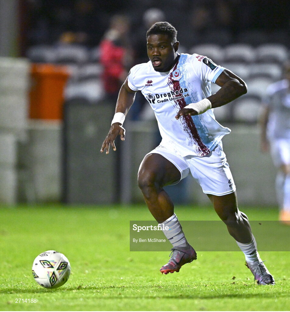 22 January 2024; Frantz Pierrot of Drogheda United during the PTSB Leinster Senior Cup Group A match between Drogheda United and Bohemians at Weaver's Park in Drogheda, Louth. Photo by Ben McShane/Sportsfile