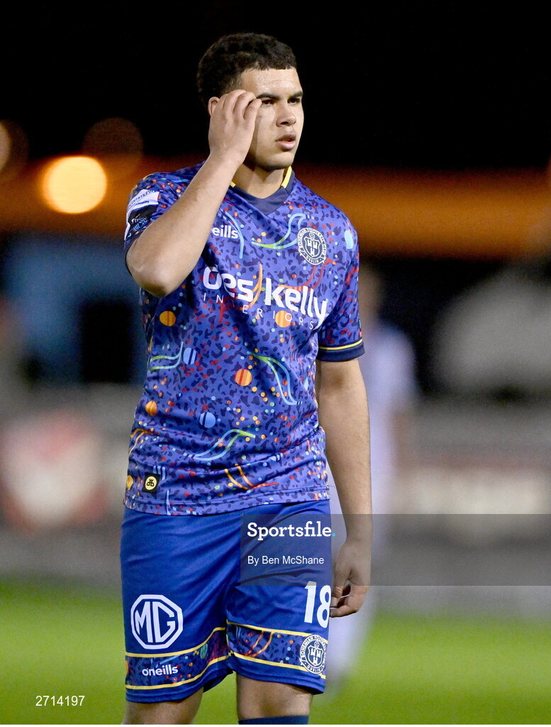 22 January 2024; Pharrell Manuel of Bohemians reacts after the PTSB Leinster Senior Cup Group A match between Drogheda United and Bohemians at Weaver's Park in Drogheda, Louth. Photo by Ben McShane/Sportsfile