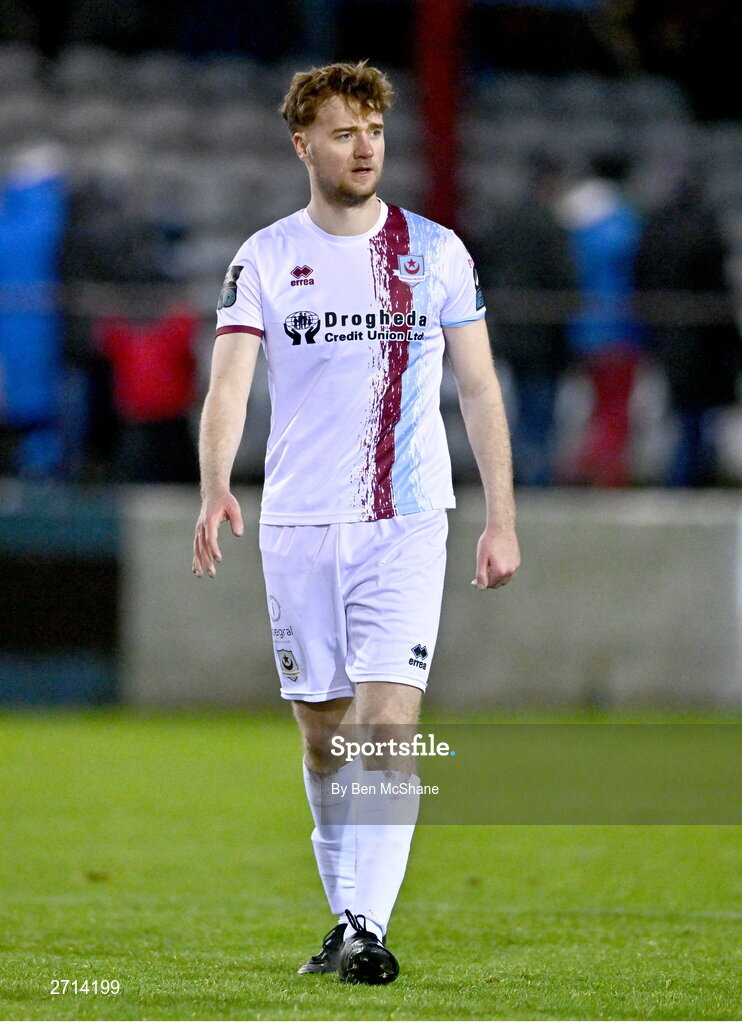 22 January 2024; Andrew Quinn of Drogheda United during the PTSB Leinster Senior Cup Group A match between Drogheda United and Bohemians at Weaver's Park in Drogheda, Louth. Photo by Ben McShane/Sportsfile