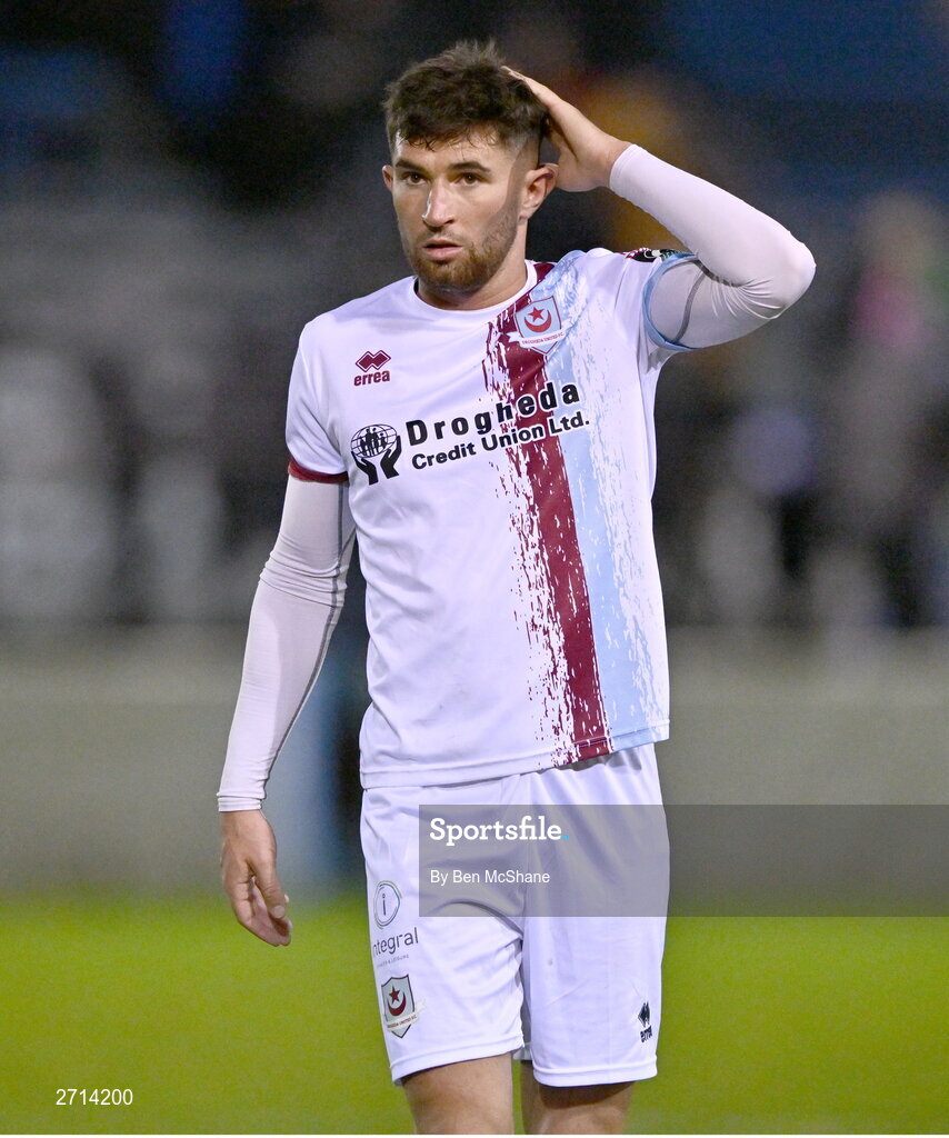 22 January 2024; Luke Heeney of Drogheda United during the PTSB Leinster Senior Cup Group A match between Drogheda United and Bohemians at Weaver's Park in Drogheda, Louth. Photo by Ben McShane/Sportsfile