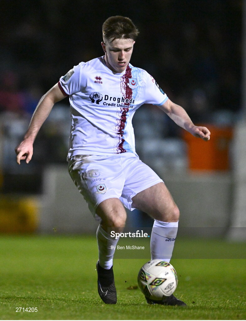 22 January 2024; Warren Davis of Drogheda United during the PTSB Leinster Senior Cup Group A match between Drogheda United and Bohemians at Weaver's Park in Drogheda, Louth. Photo by Ben McShane/Sportsfile