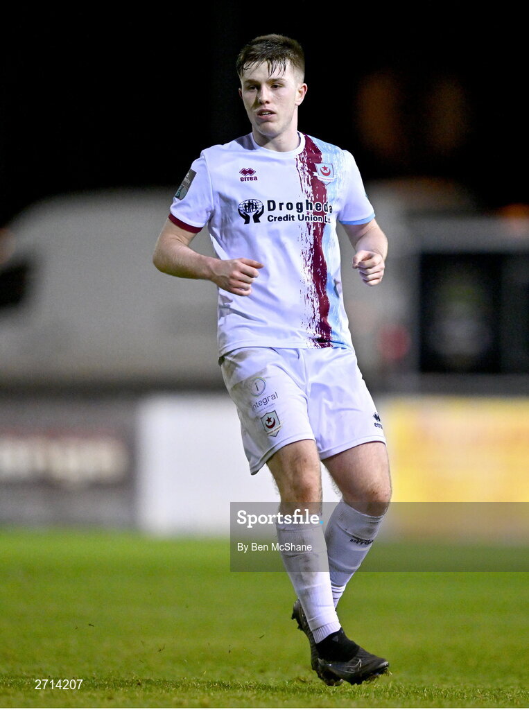 22 January 2024; Warren Davis of Drogheda United during the PTSB Leinster Senior Cup Group A match between Drogheda United and Bohemians at Weaver's Park in Drogheda, Louth. Photo by Ben McShane/Sportsfile