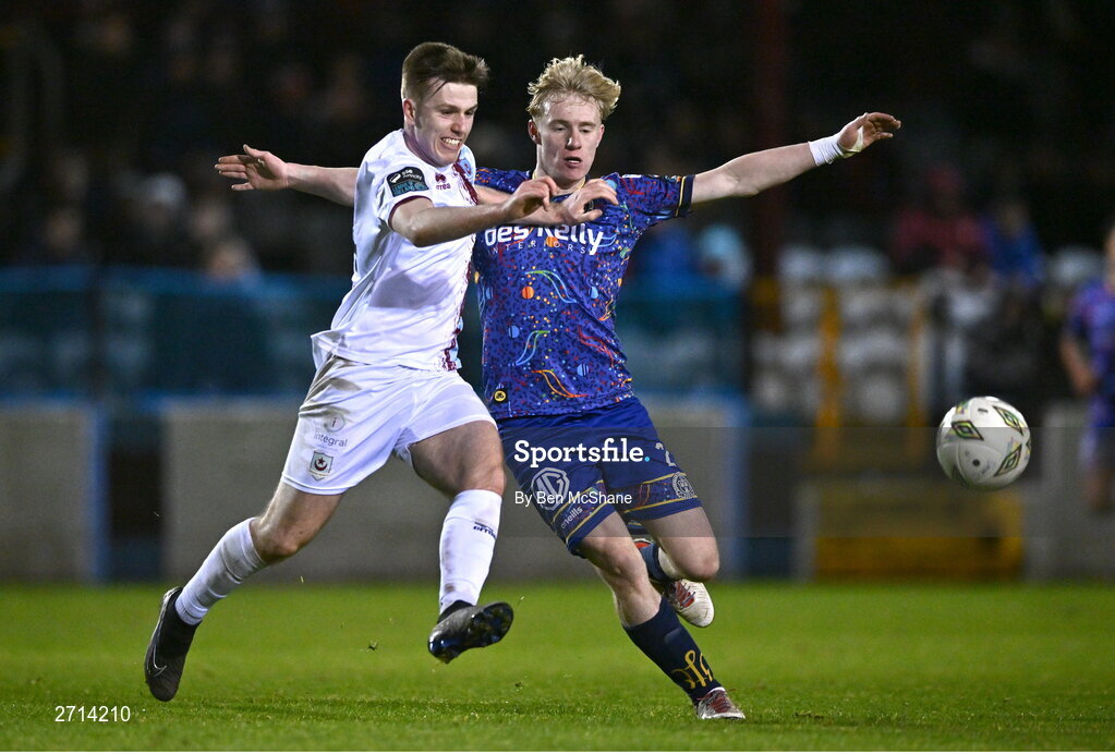 22 January 2024; Warren Davis of Drogheda United and Finn Cowper Gray of Bohemians during the PTSB Leinster Senior Cup Group A match between Drogheda United and Bohemians at Weaver's Park in Drogheda, Louth. Photo by Ben McShane/Sportsfile