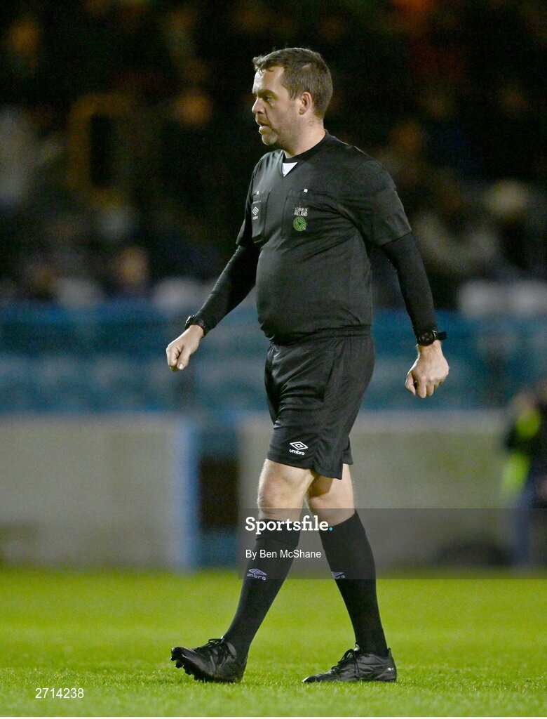 22 January 2024; Referee Robert Harvey during the PTSB Leinster Senior Cup Group A match between Drogheda United and Bohemians at Weaver's Park in Drogheda, Louth. Photo by Ben McShane/Sportsfile