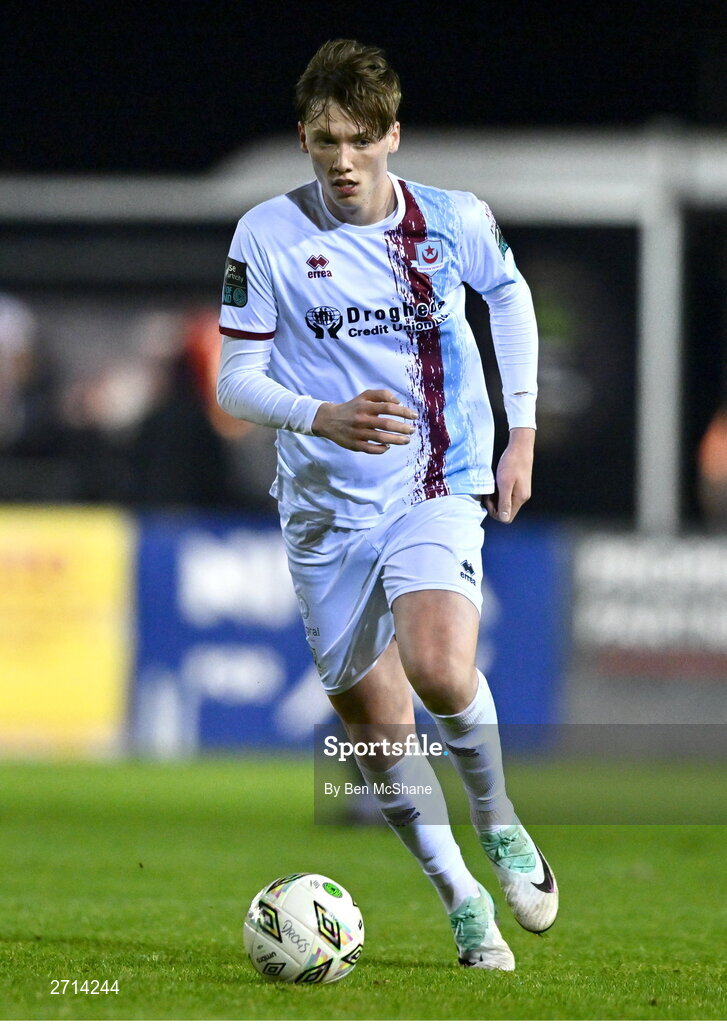 22 January 2024; Oisin Gallagher of Drogheda United during the PTSB Leinster Senior Cup Group A match between Drogheda United and Bohemians at Weaver's Park in Drogheda, Louth. Photo by Ben McShane/Sportsfile