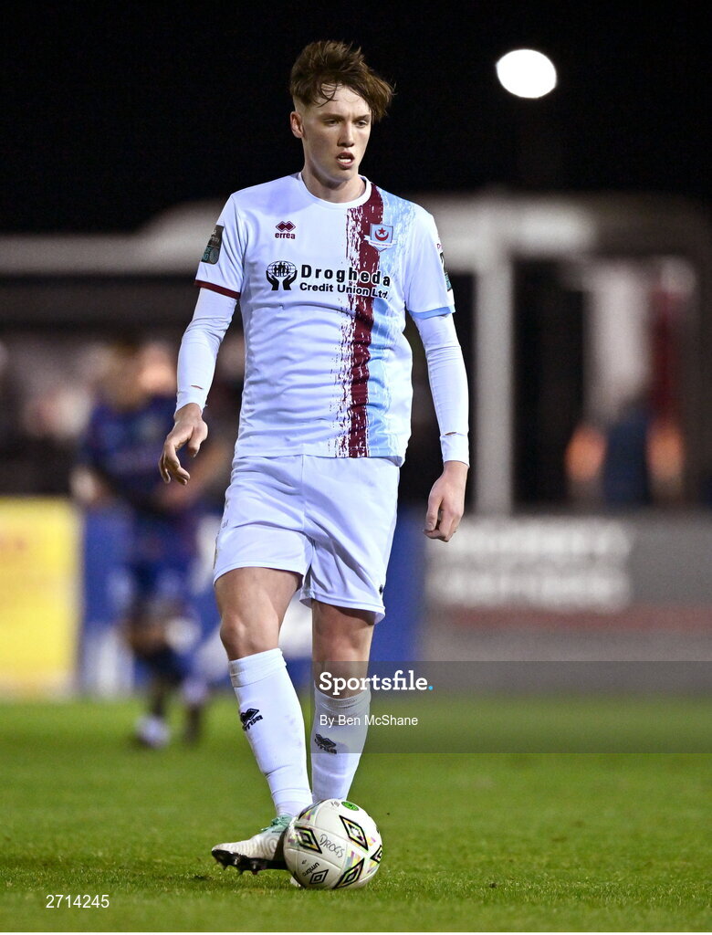 22 January 2024; Oisin Gallagher of Drogheda United during the PTSB Leinster Senior Cup Group A match between Drogheda United and Bohemians at Weaver's Park in Drogheda, Louth. Photo by Ben McShane/Sportsfile