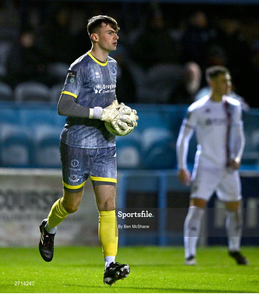 22 January 2024; Drogheda United goalkeeper Andrew Wogan during the PTSB Leinster Senior Cup Group A match between Drogheda United and Bohemians at Weaver's Park in Drogheda, Louth. Photo by Ben McShane/Sportsfile