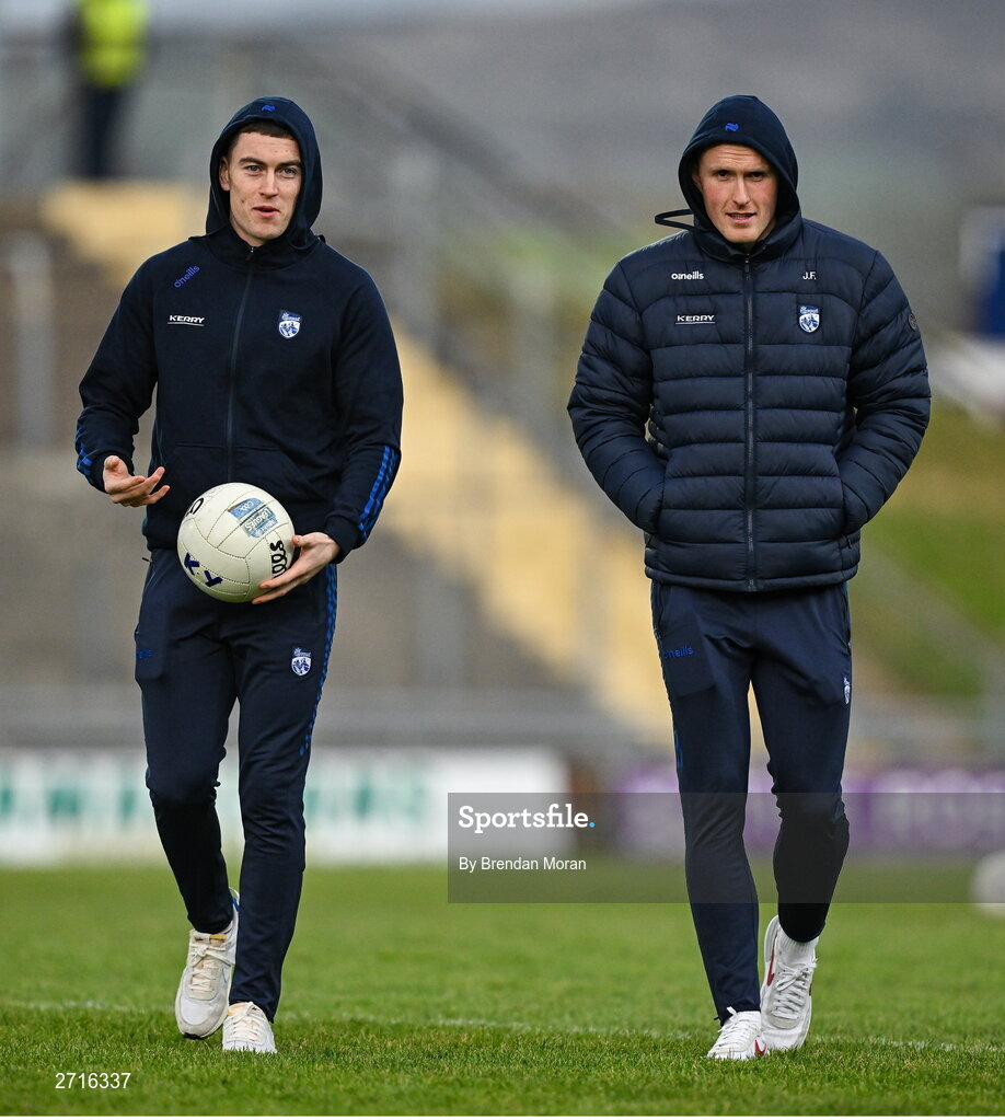 27 January 2024; Ronan Buckley, left, and Jason Foley of Kerry walk the pitch before the Allianz Football League Division 1 match between Kerry and Derry at Austin Stack Park in Tralee, Kerry. Photo by Brendan Moran/Sportsfile