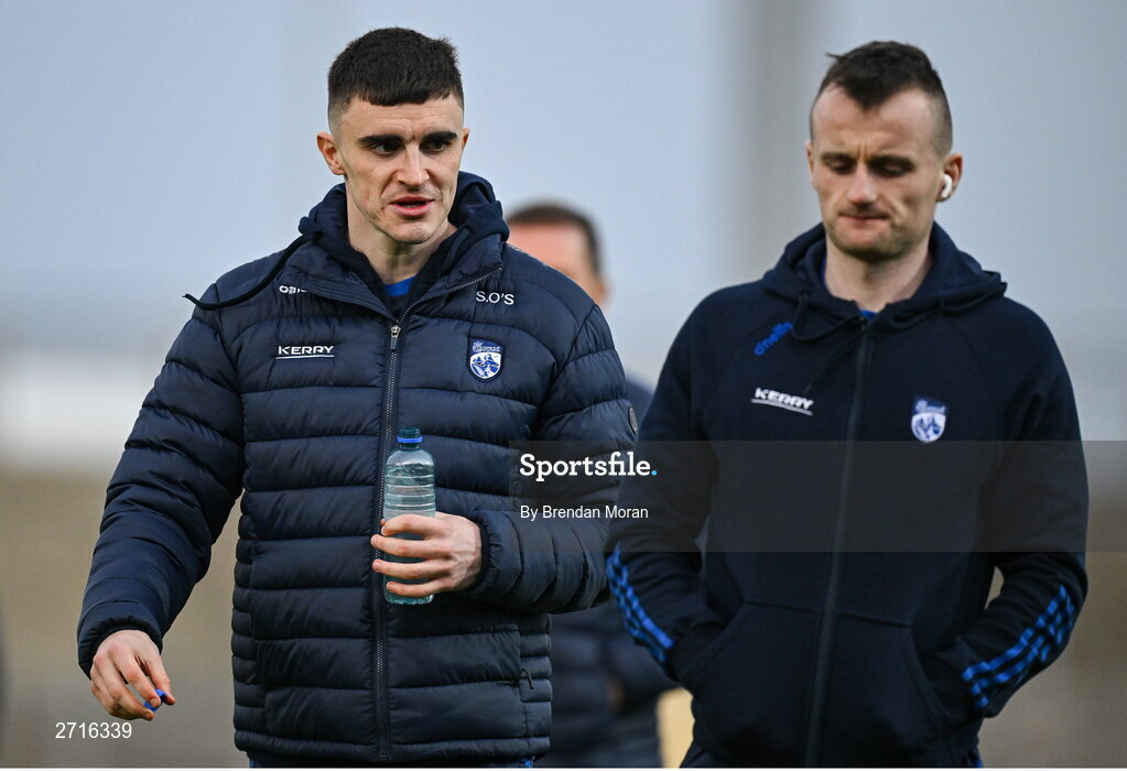 27 January 2024; Sean O'Shea, left, and Tom O'Sullivan of Kerry before the Allianz Football League Division 1 match between Kerry and Derry at Austin Stack Park in Tralee, Kerry. Photo by Brendan Moran/Sportsfile