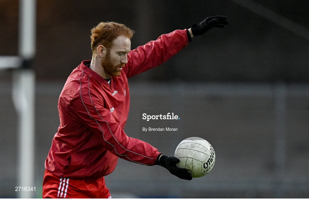 27 January 2024; Conor Glass of Derry warms up during the Allianz Football League Division 1 match between Kerry and Derry at Austin Stack Park in Tralee, Kerry. Photo by Brendan Moran/Sportsfile