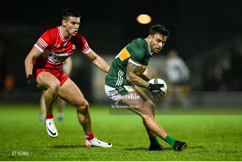 27 January 2024; Micheál Burns of Kerry in action against Conor Doherty of Derry during the Allianz Football League Division 1 match between Kerry and Derry at Austin Stack Park in Tralee, Kerry. Photo by Brendan Moran/Sportsfile