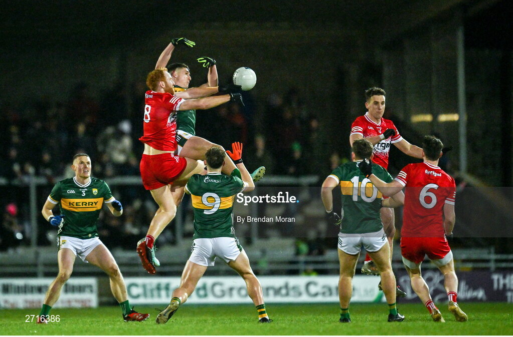 27 January 2024; Conor Glass of Derry and Joe O'Connor of Kerry contest a kickout during the Allianz Football League Division 1 match between Kerry and Derry at Austin Stack Park in Tralee, Kerry. Photo by Brendan Moran/Sportsfile