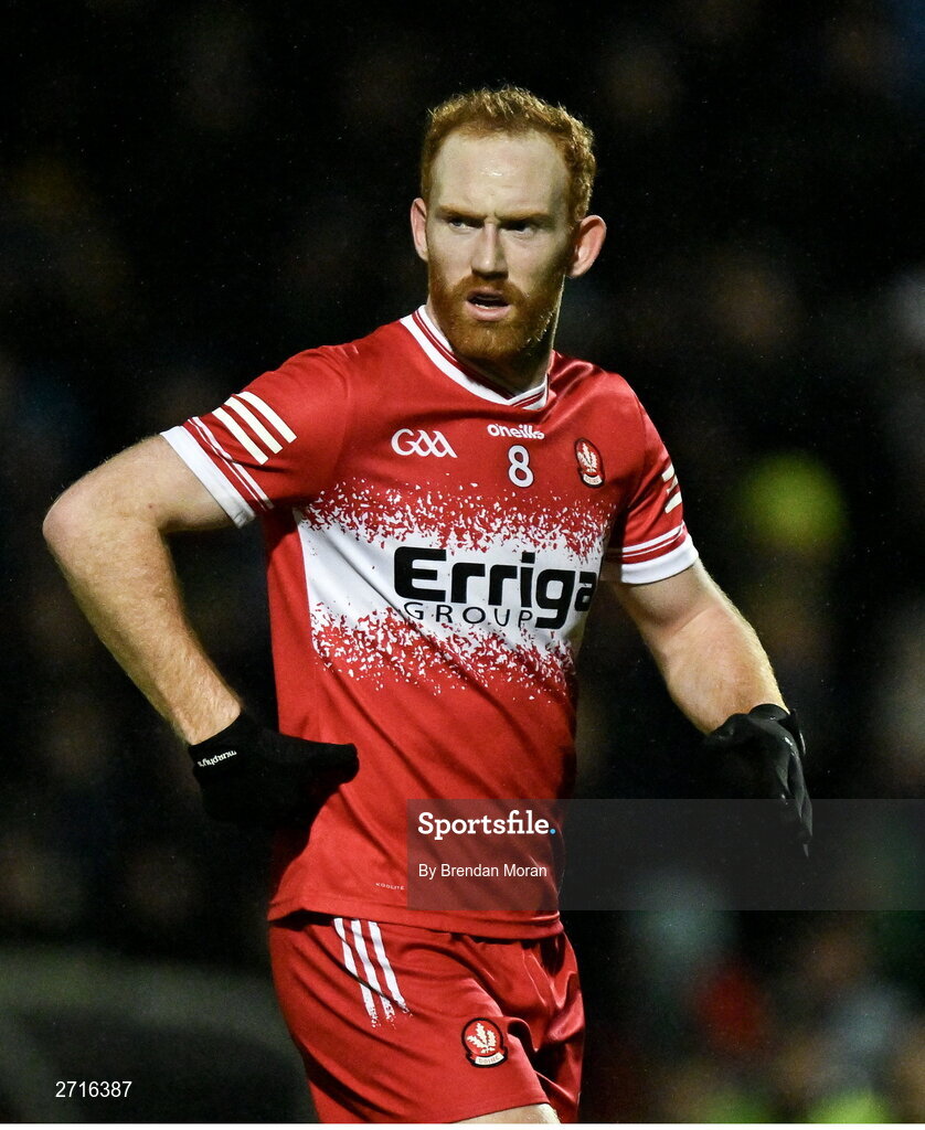 27 January 2024; Conor Glass of Derry during the Allianz Football League Division 1 match between Kerry and Derry at Austin Stack Park in Tralee, Kerry. Photo by Brendan Moran/Sportsfile