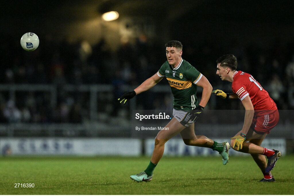 27 January 2024; Joe O'Connor of Kerry in action against Paul Cassidy of Derry during the Allianz Football League Division 1 match between Kerry and Derry at Austin Stack Park in Tralee, Kerry. Photo by Brendan Moran/Sportsfile