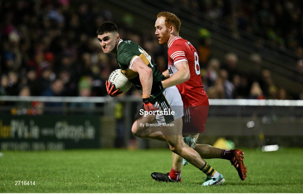 27 January 2024; Sean O'Shea of Kerry is tackled by Conor Glass of Derry during the Allianz Football League Division 1 match between Kerry and Derry at Austin Stack Park in Tralee, Kerry. Photo by Brendan Moran/Sportsfile