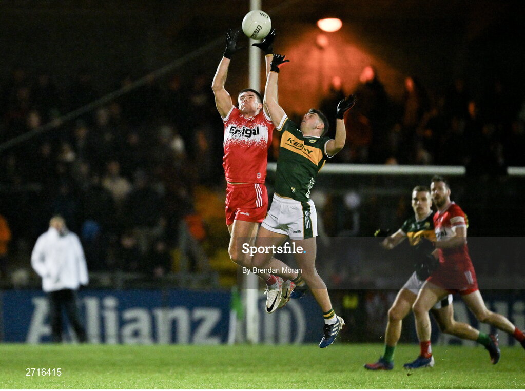 27 January 2024; Conor Doherty of Derry in action against Dylan Geaney of Kerry during the Allianz Football League Division 1 match between Kerry and Derry at Austin Stack Park in Tralee, Kerry. Photo by Brendan Moran/Sportsfile