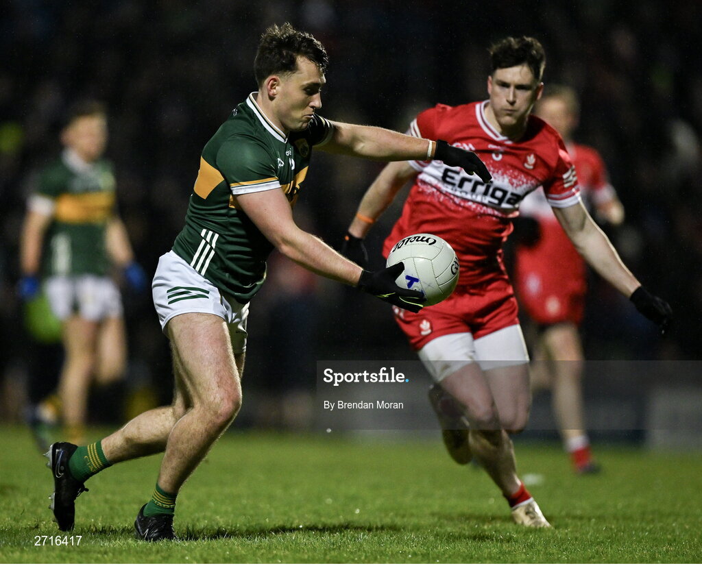 27 January 2024; Dara Moynihan of Kerry in action against Gareth McKinless of Derry during the Allianz Football League Division 1 match between Kerry and Derry at Austin Stack Park in Tralee, Kerry. Photo by Brendan Moran/Sportsfile