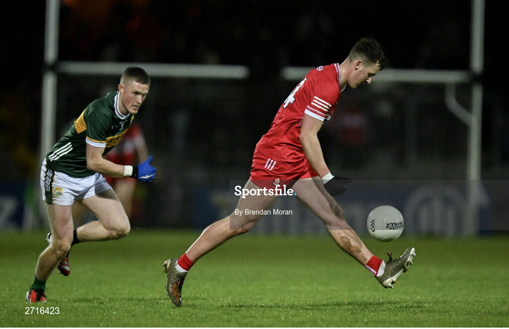 27 January 2024; Shane McGuigan of Derry in action against Jason Foley of Kerry during the Allianz Football League Division 1 match between Kerry and Derry at Austin Stack Park in Tralee, Kerry. Photo by Brendan Moran/Sportsfile