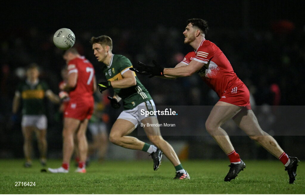 27 January 2024; Padraig McGrogan of Derry during the Allianz Football League Division 1 match between Kerry and Derry at Austin Stack Park in Tralee, Kerry. Photo by Brendan Moran/Sportsfile