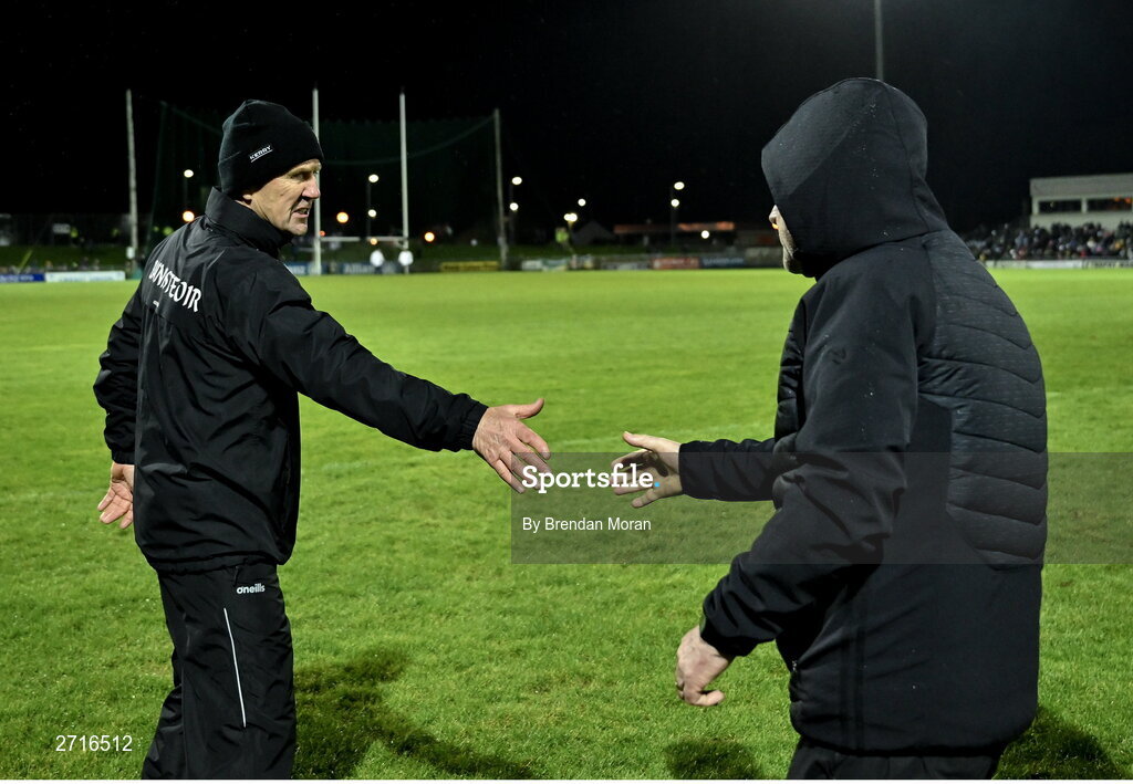 27 January 2024; Kerry manager Jack O'Connor shakes hands with Derry manager Mickey Harte after the Allianz Football League Division 1 match between Kerry and Derry at Austin Stack Park in Tralee, Kerry. Photo by Brendan Moran/Sportsfile