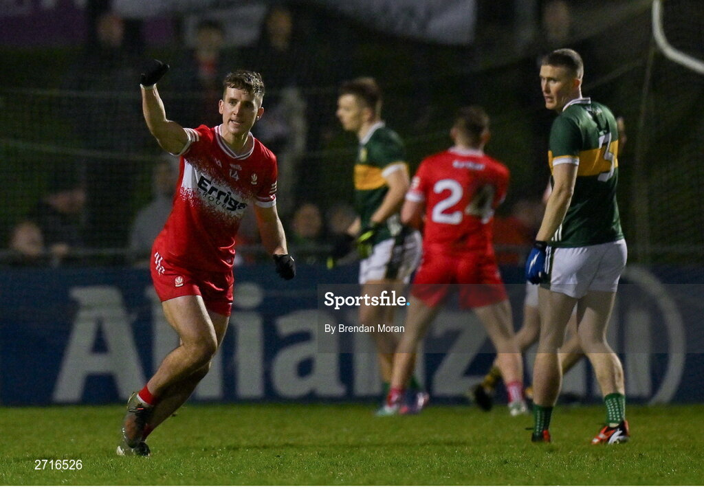 27 January 2024; Shane McGuigan of Derry celebrates after kicking a point from a free to win the game during the Allianz Football League Division 1 match between Kerry and Derry at Austin Stack Park in Tralee, Kerry. Photo by Brendan Moran/Sportsfile