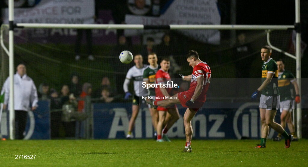 27 January 2024; Shane McGuigan of Derry kicks a point from a free to win the game during the Allianz Football League Division 1 match between Kerry and Derry at Austin Stack Park in Tralee, Kerry. Photo by Brendan Moran/Sportsfile