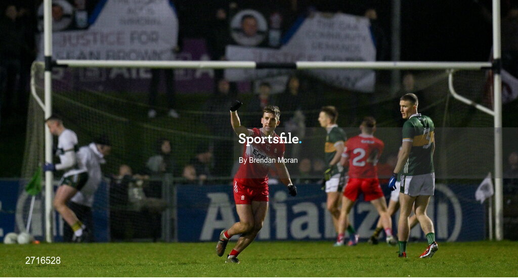 27 January 2024; Shane McGuigan of Derry celebrates after kicking a point from a free to win the game during the Allianz Football League Division 1 match between Kerry and Derry at Austin Stack Park in Tralee, Kerry. Photo by Brendan Moran/Sportsfile