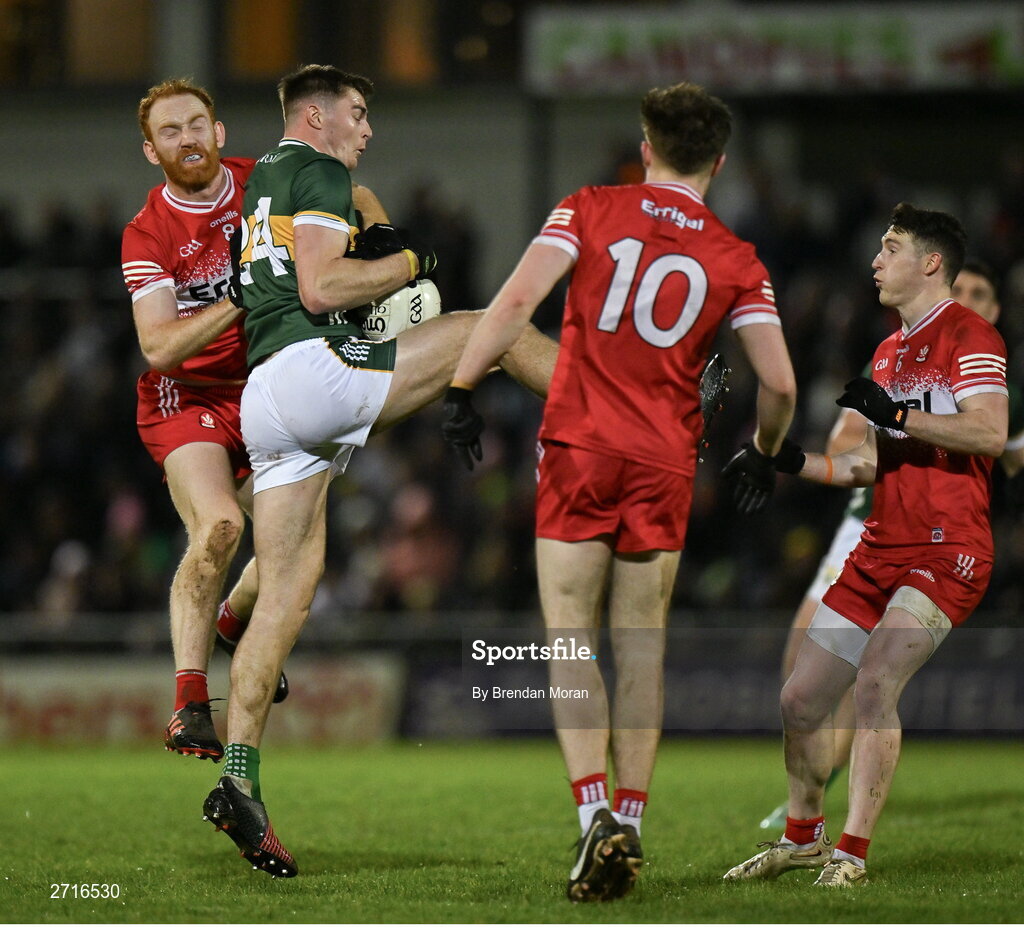 27 January 2024; Diarmuid O'Connor of Kerry and Conor Glass of Derry contest a kickout during the Allianz Football League Division 1 match between Kerry and Derry at Austin Stack Park in Tralee, Kerry. Photo by Brendan Moran/Sportsfile