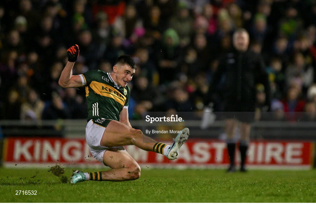 27 January 2024; Sean O'Shea of Kerry slips as he takes a free in the final minutes of the Allianz Football League Division 1 match between Kerry and Derry at Austin Stack Park in Tralee, Kerry. Photo by Brendan Moran/Sportsfile