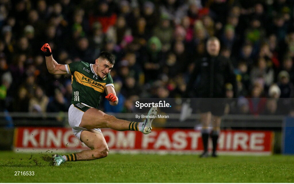 27 January 2024; Sean O'Shea of Kerry slips as he takes a free in the final minutes of the Allianz Football League Division 1 match between Kerry and Derry at Austin Stack Park in Tralee, Kerry. Photo by Brendan Moran/Sportsfile
